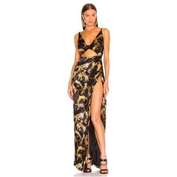 DUNDAS X REVOLVE Gown Animal Print Celeste Maxi Dress Black & Gold Cats Cut Out